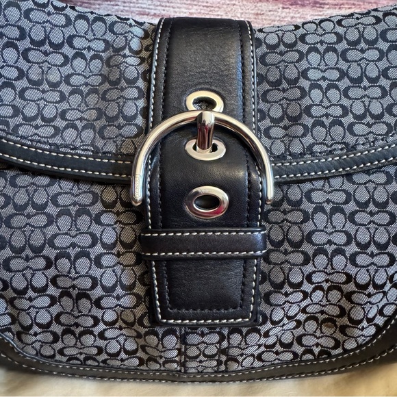 Coach Signature C Canvas Leather Trim Buckle Shoulder Bag Black Gray - Picture 2 of 10